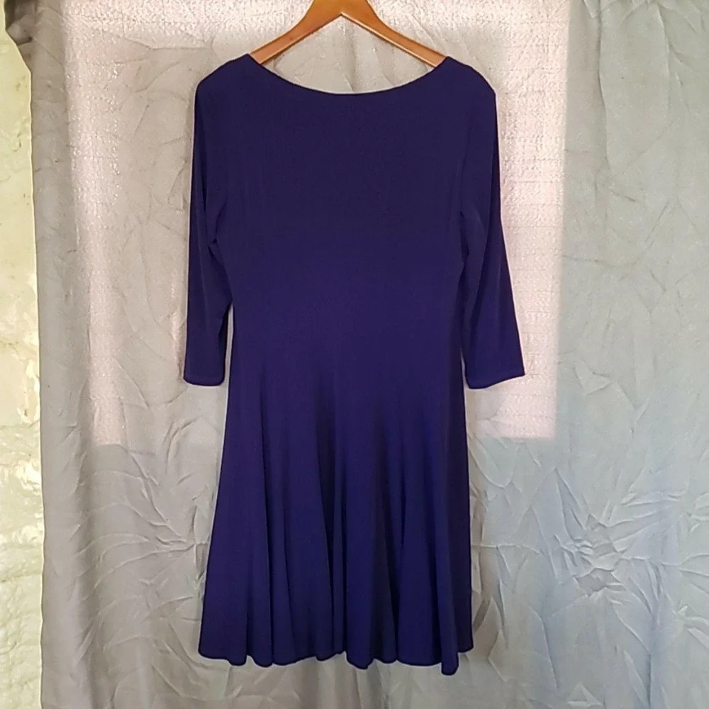 Leslie Fay Dress Womens 14 Purple Solid 3/4 Sleeve Scoop Neck Swing Knee Length